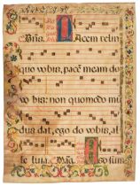 Illuminated Antiphonal Leaf. An illuminated antiphonal leaf on vellum, 16th-century