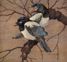 Gudgeon (Ralston, 1910-1984). Pair of Magpies, watercolour and gouache on linen