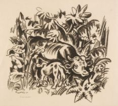 Seewald (Richard, 1889-1976). Kuh mit Kalb im Unterholz, 1920, lithograph