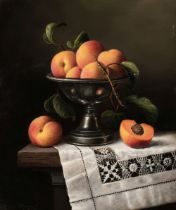 Davies (Brian 1942-2014). Still Life of Peaches, in a silver bowl on a table, oil on canvas