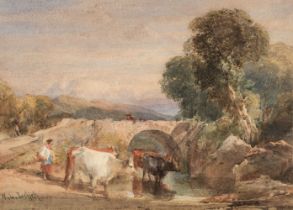 Leitch (William Leighton, 1804-1883). Cows Drinking, watercolour on thick paper,