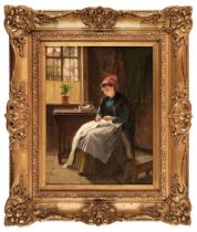 Haynes-Williams (John, 1836-1908). Woman sewing, oil on canvas