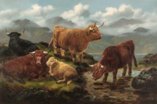 Fox (John Shirley, 1860-1939). Highland Cattle and a Sheep by the Water, circa 1910