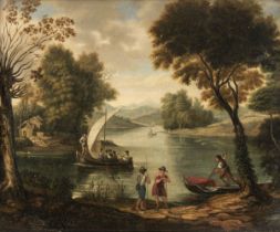 Dutch Italianate School. River landscape with figures, boats, and a house by the shore, circa 1670