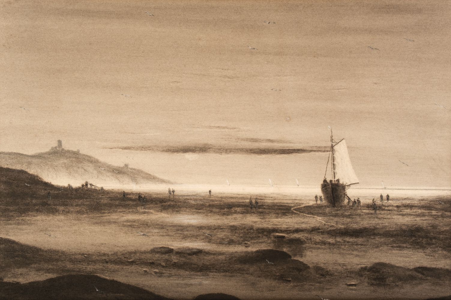 English School. Figures on a beach at low tide, with boat, under a shrouded moon, possibly
