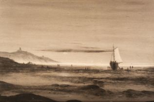 English School. Figures on a beach at low tide, with boat, under a shrouded moon, possibly