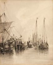 Owen (Samuel, 1768-1857). Boats on a quayside, grisaille watercolour on paper