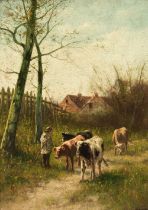 Hulk (William Frederick, 1852-1922). Cows and Cowherd in a landscape