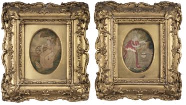 Embroidered Pictures. A pair of oval embroideries, circa 1790
