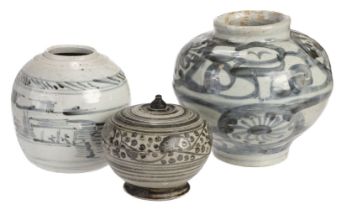 South East Asia. A large blue and white pottery ovoid vessel and other items