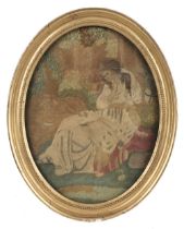 Embroidered picture. Oval picture of a young girl wearing a bonnet, circa 1790-1810