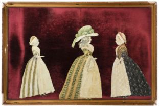 Cut-out Figures. Two framed painted cut-out portraits of 18th century ladies, circa 1785