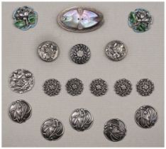 Art Nouveau Silver Buttons. A good collection of silver and white metal Art Nouveau buttons