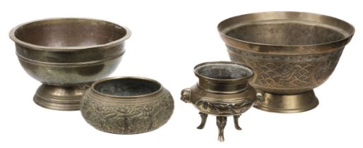 Chinese Censer. A Chinese bronze censer and brass bowls