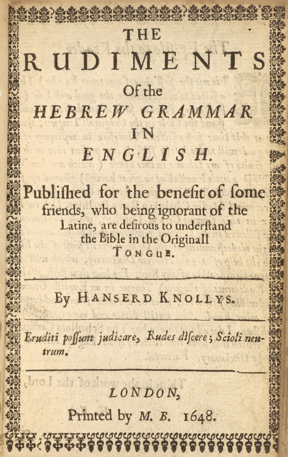 Knollys (Hanserd). The Rudiments of the Hebrew Grammar in English, 1648