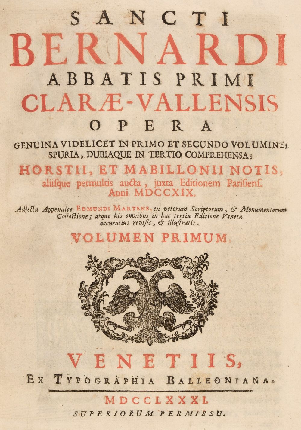 Bernard (of Clairvaux, Saint). Sancti Bernardi Abbatis Primi Claræ-Vallensis Opera, 1781 - Image 2 of 2