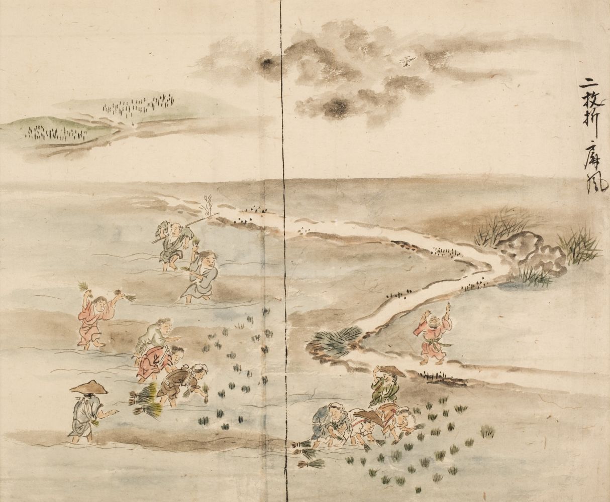Japanese School. Landscape with Figures, 18th century, two watercolour and ink
