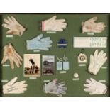 Golf. A framed display of 9 signed golf gloves, 1981