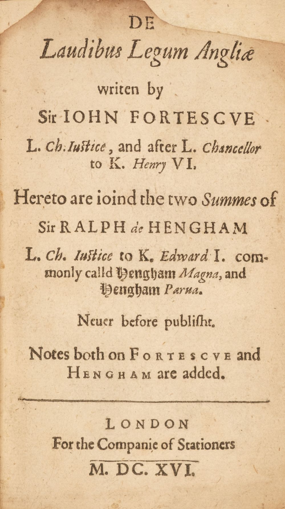 Fortescue (John). De laudibus legum Angliae..., 1616