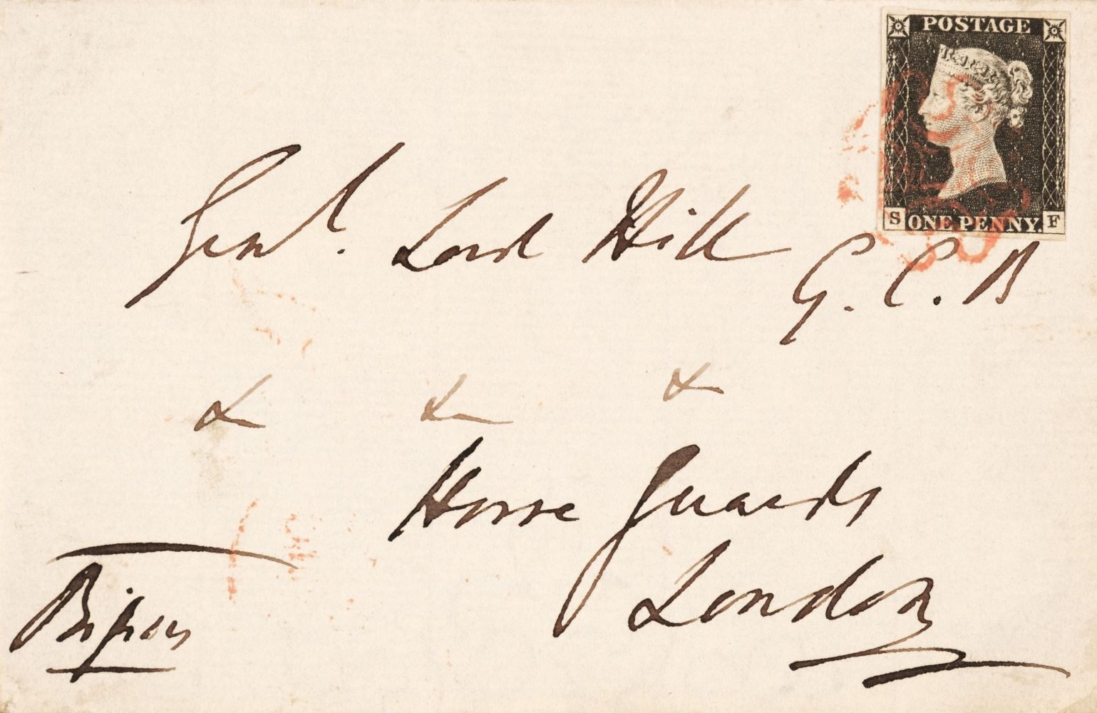 Penny Black. An envelope front with a 1d Black SF, c. 1840