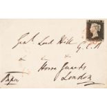 Penny Black. An envelope front with a 1d Black SF, c. 1840