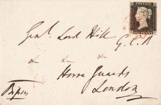 Penny Black. An envelope front with a 1d Black SF, c. 1840