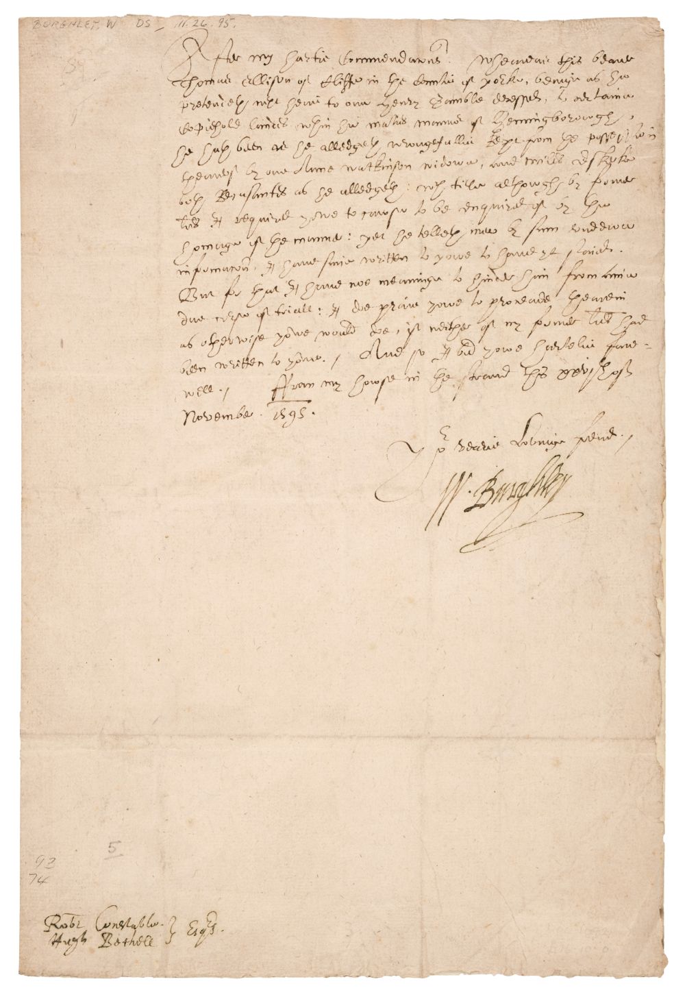 Cecil (William, 1520-1598), 1st Baron Burghley. Letter Signed as Lord Treasurer, ‘W. Burghley’