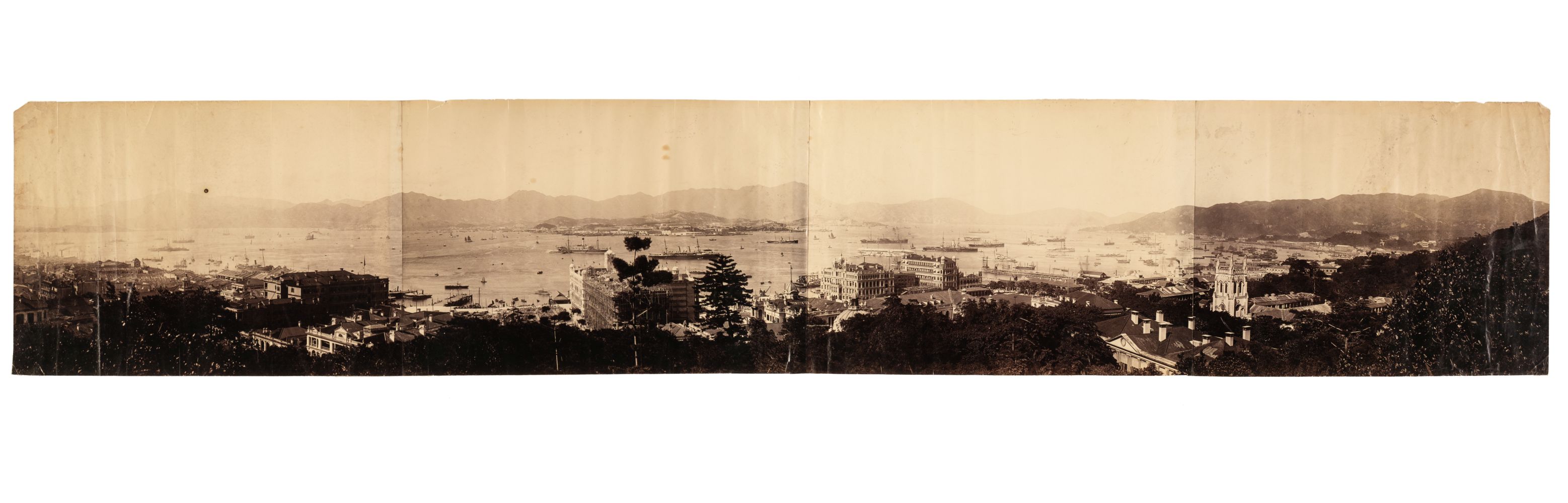 Hong Kong. A four-part panorama over Central looking at Kowloon, c. 1870s