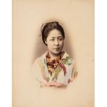 Japan. Vignetted headshot of a Japanese woman in traditional dress, c. 1880