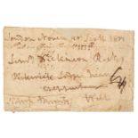 Nelson (Horatio, 1758-1805), Free frank autograph signed address panel, ‘Nelson & Bronte’