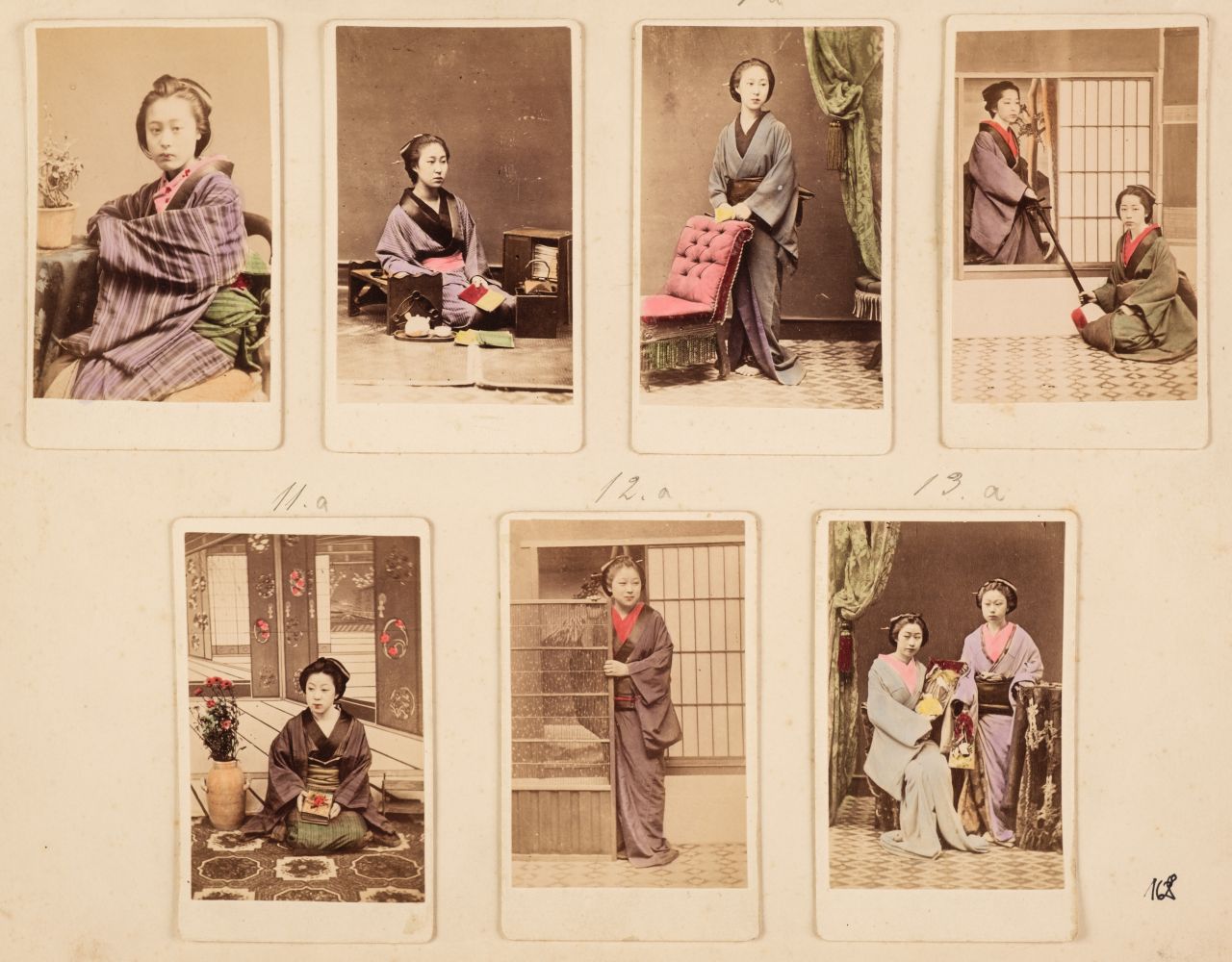 Japan. A group of 7 hand-coloured cartes de visite of Japanese women, c. 1870
