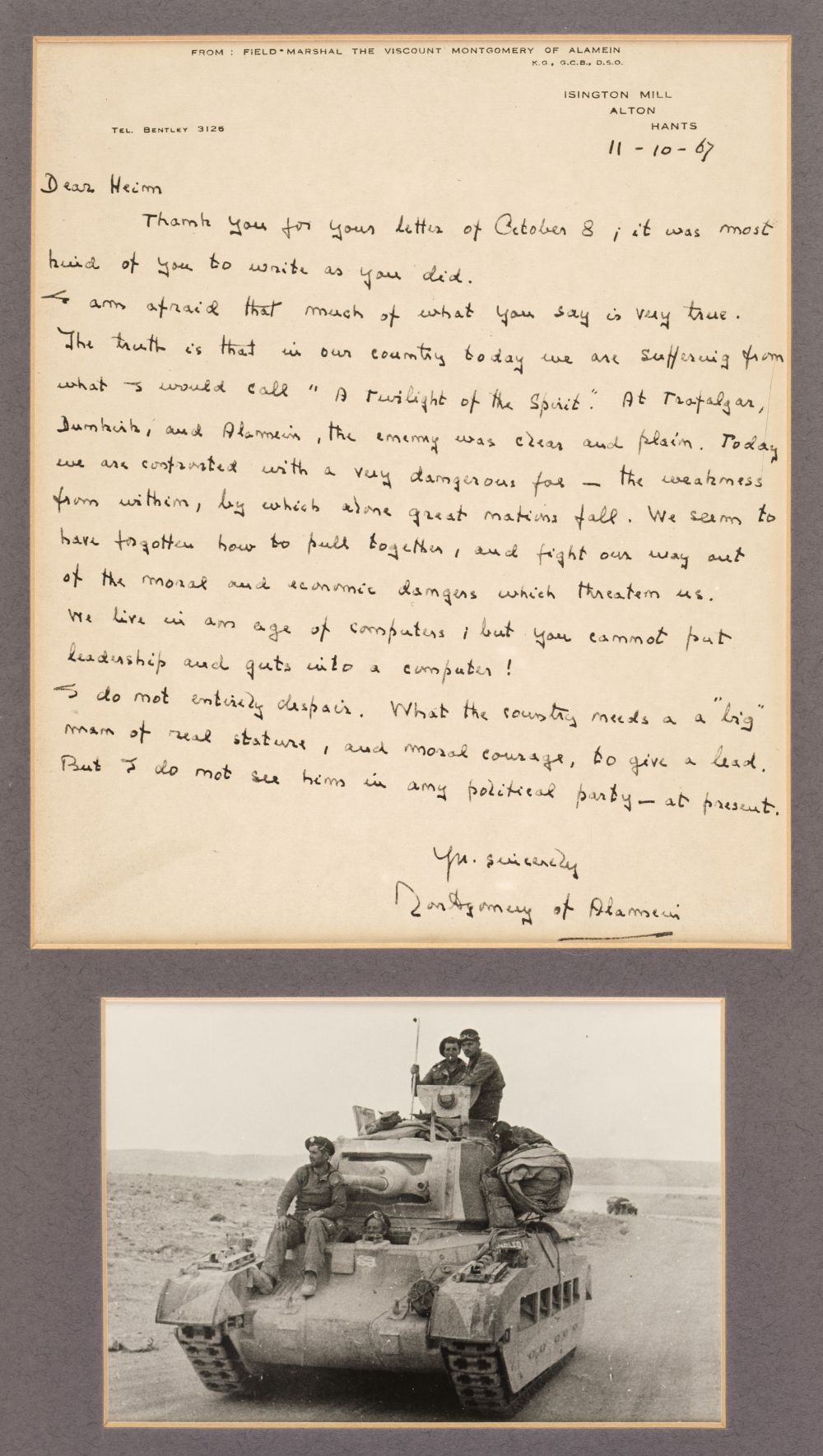 Montgomery (Bernard Law, 1887-1976). Autograph Letter Signed, 'Montgomery of Alamein'