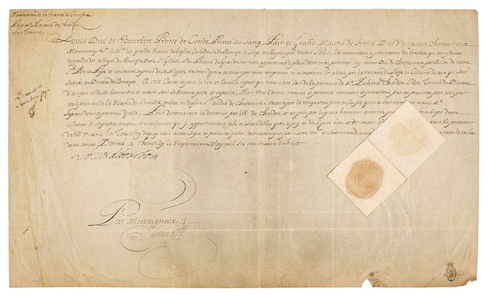Louis Henri Joseph de Bourbon (1756-1830). Document Signed, 'Louis debourbon', Chantilly, 25 May