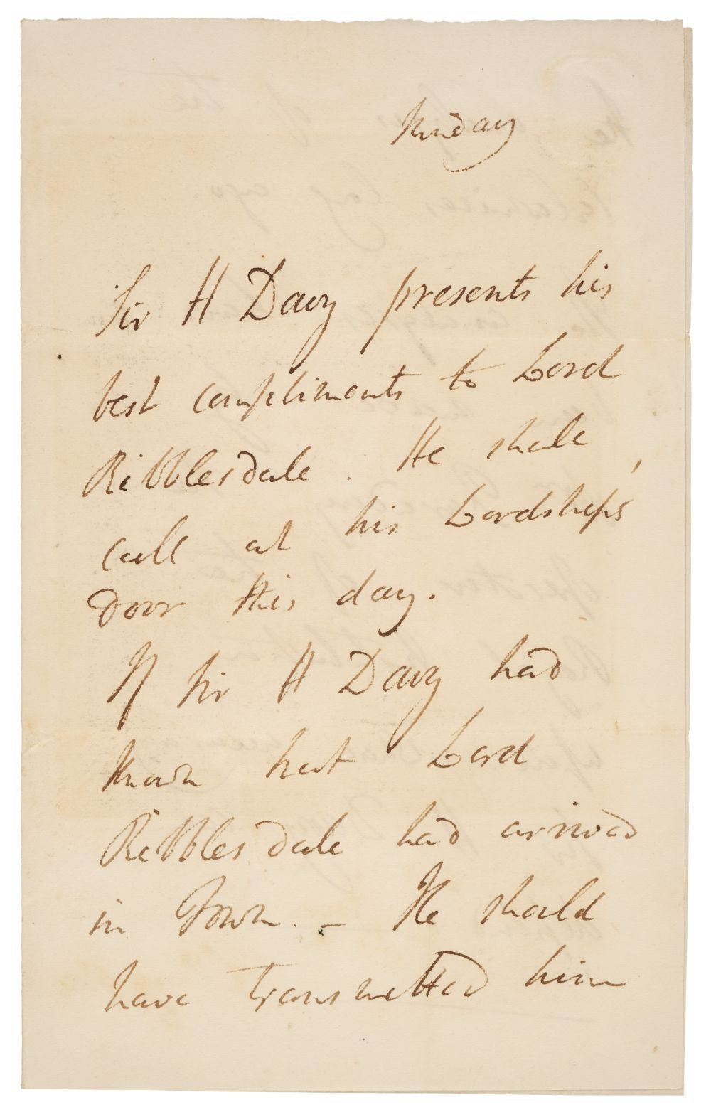 Davy (Humphry, 1778-1829), Autograph Letter Signed in the third person, Monday, no date