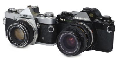 Olympus OM-1 & OM-2 SLR 35mm cameras and collection of Olympus / Tamron lenses + accessories