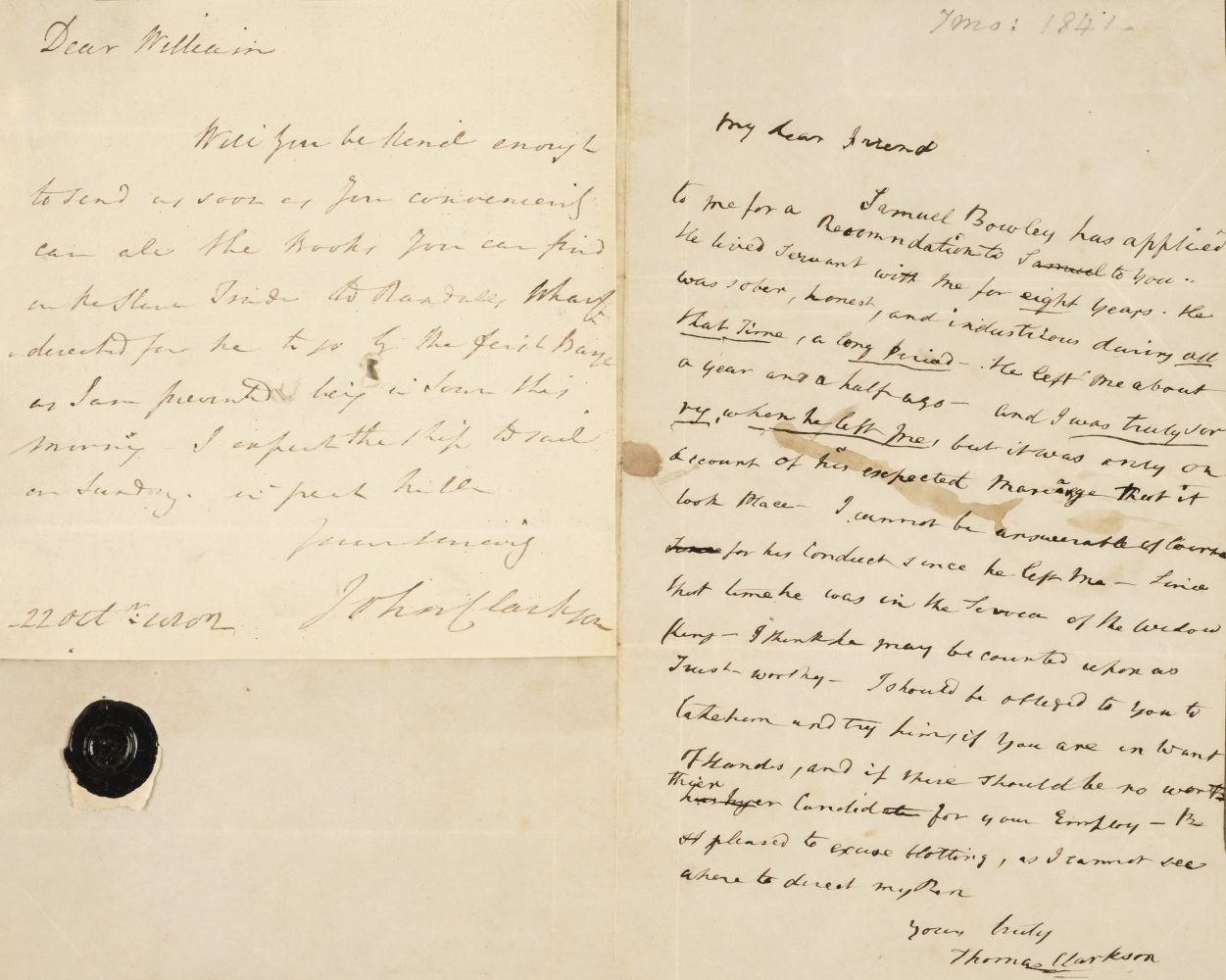 Clarkson (Thomas, 1760-1846). Autograph Letter Signed, 'Thomas Clarkson', no place, no date