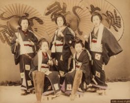 Japan. A group of 5 young Japanese women with umbrellas, c. 1880