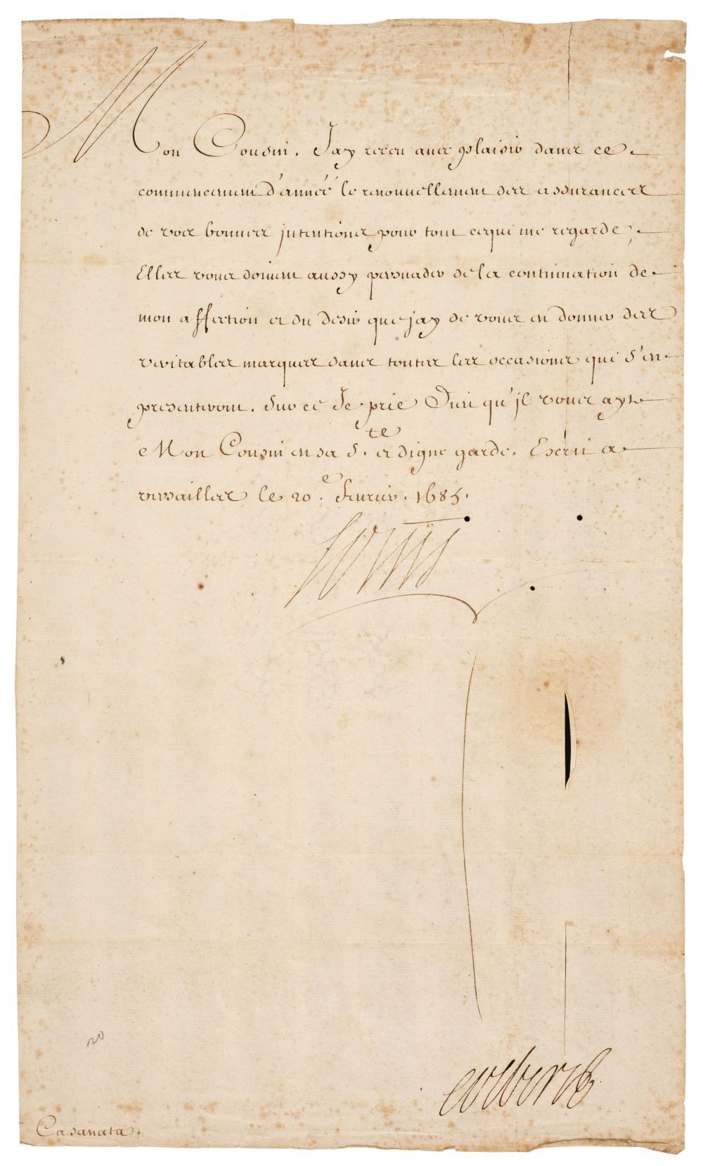 Louis XIV (1638-1715). Document Signed, 'Louis', Versailles, 20 February 1685