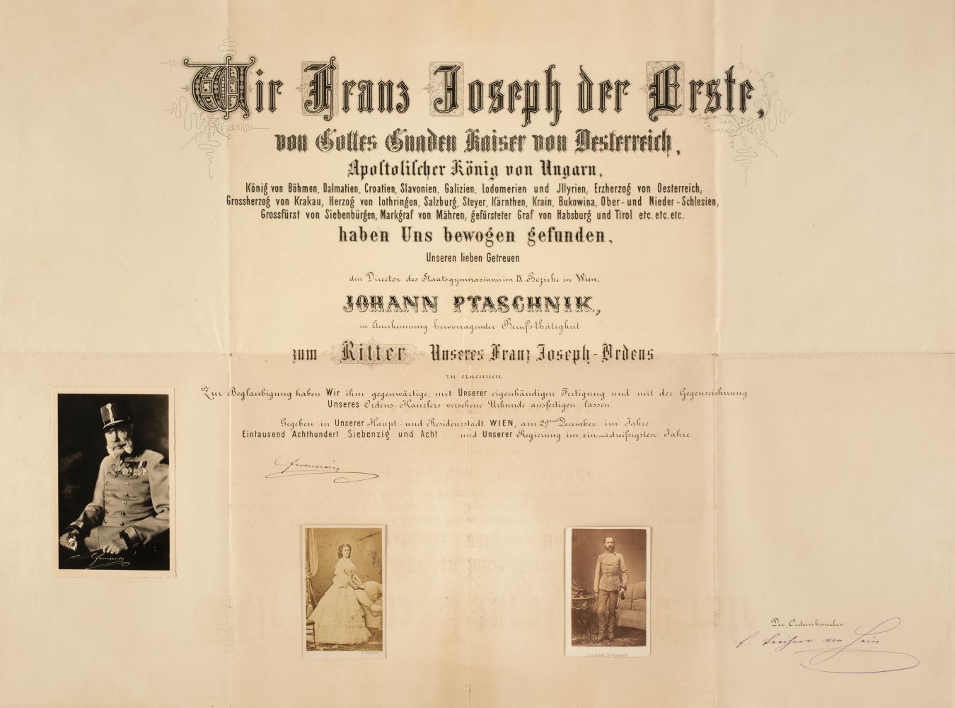 Franz Joseph I (1830-1916). Document Signed, 'Franz Joseph', Vienna, 29 December 1878