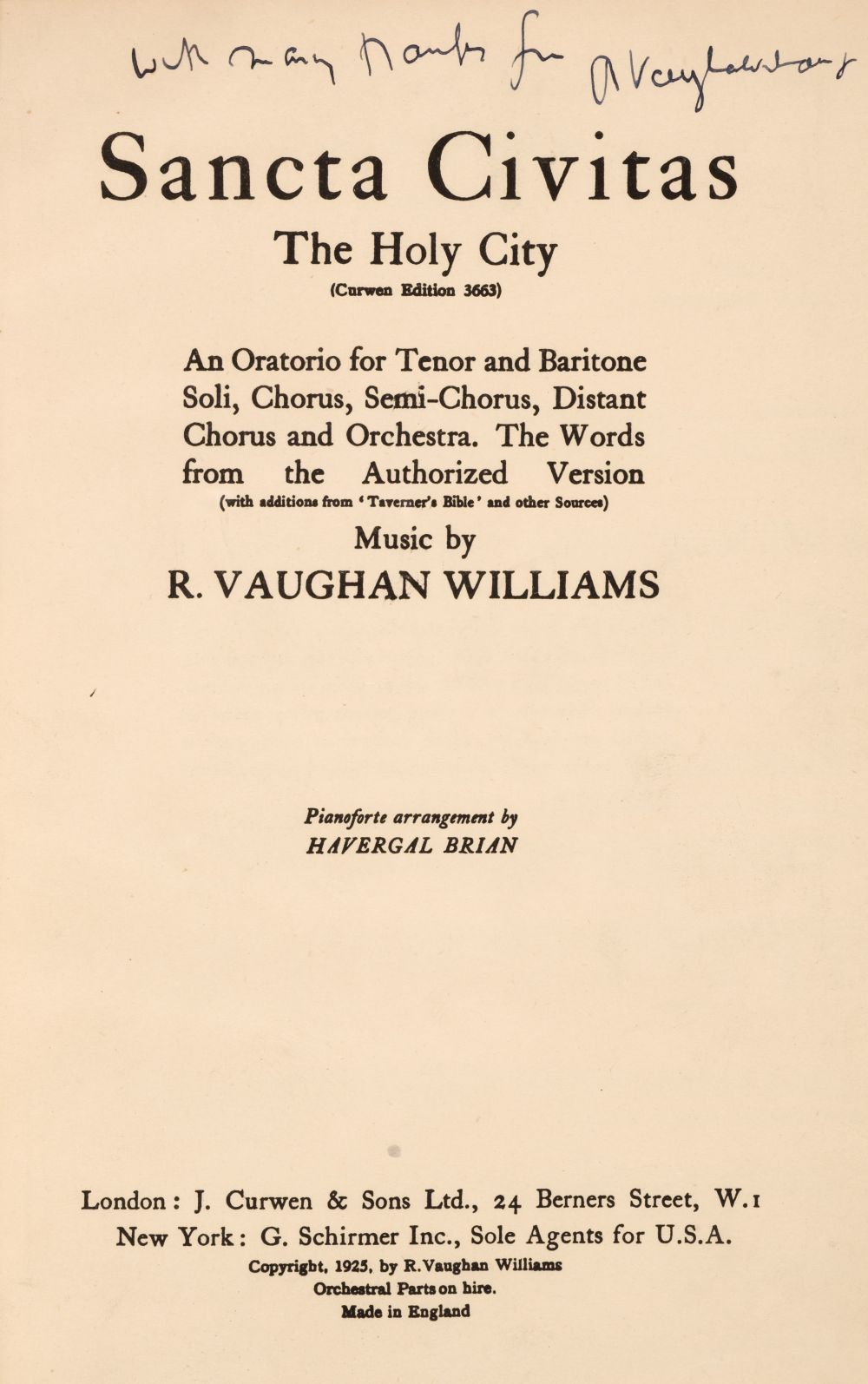 Vaughan Williams (Ralph, 1872-1958). Sancta Civitas, London: J. Curwen & Sons, [1925]