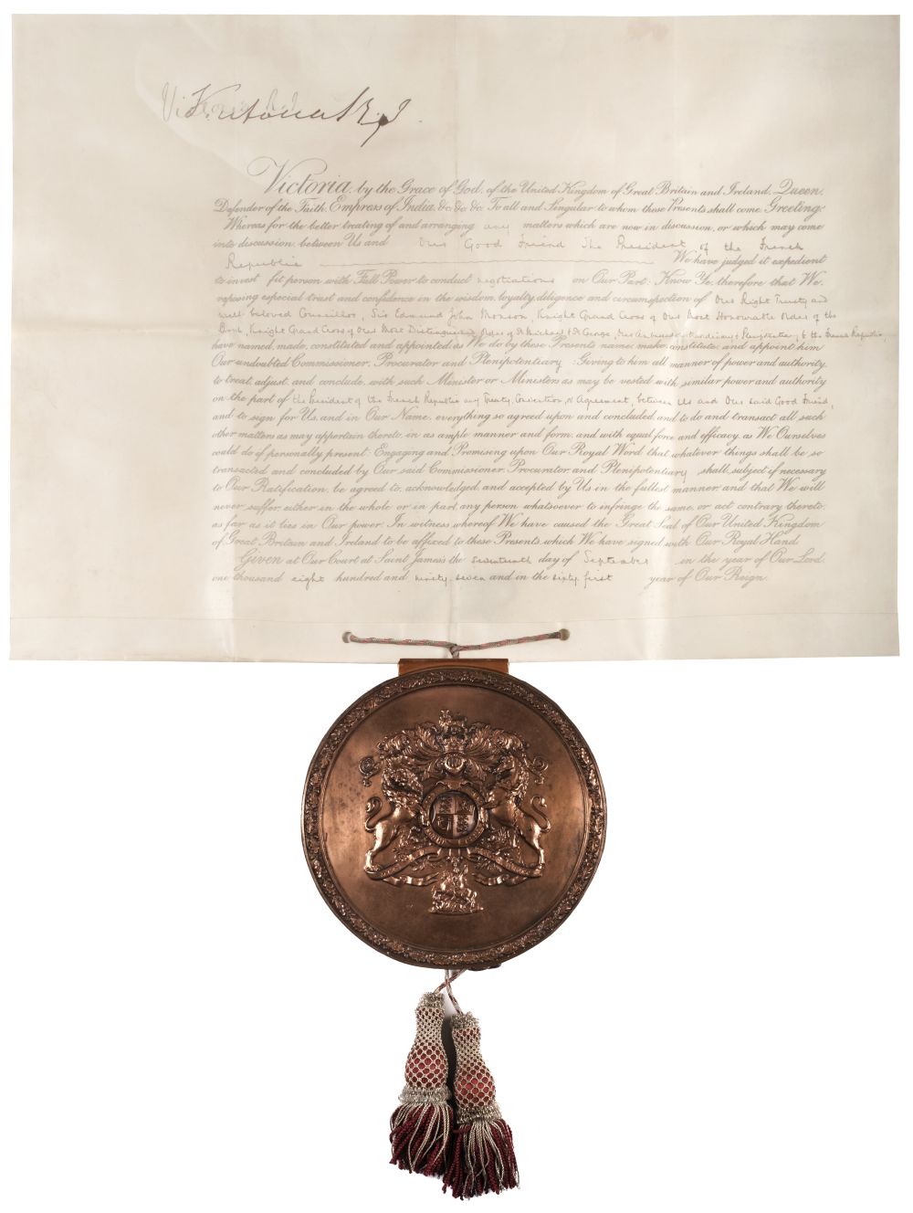 Victoria (1819-1901), Document Signed, ‘Victoria R.I.’, St James’s, 17th September 1897