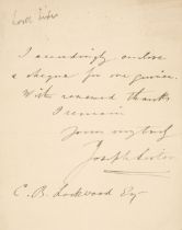 Lister (Joseph, 1827-1912), Autograph Letter Signed, ‘Joseph Lister’, 15 May 1889