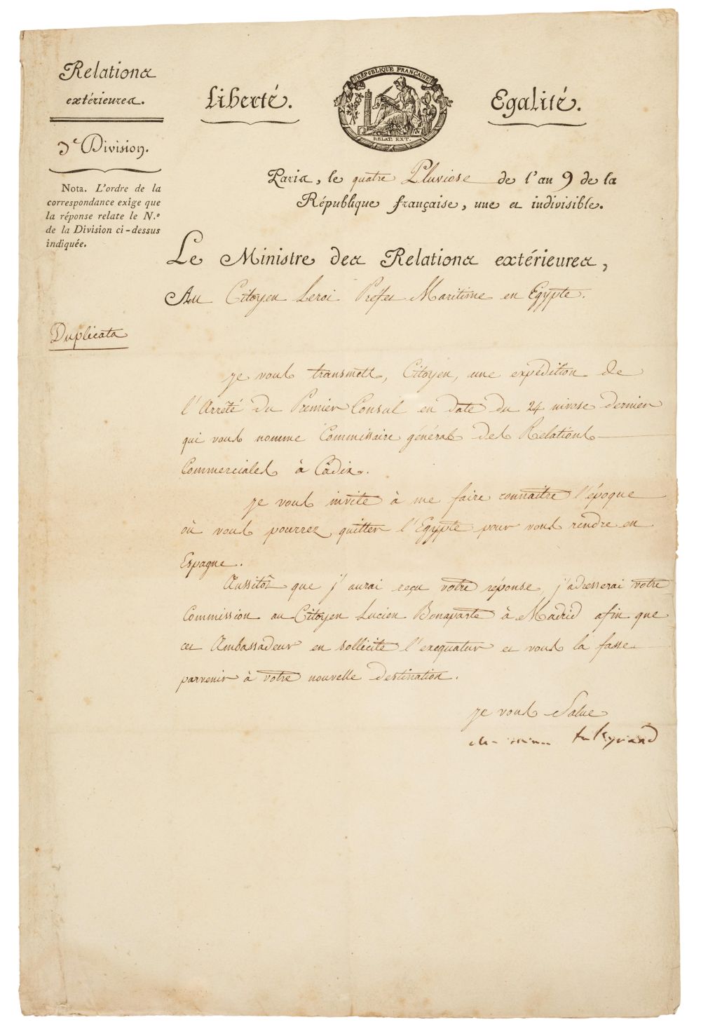 Talleyrand-Périgord (Charles Maurice de, 1754-1838), Letter Signed, ‘Ch Mau Talleyrand’, 1815