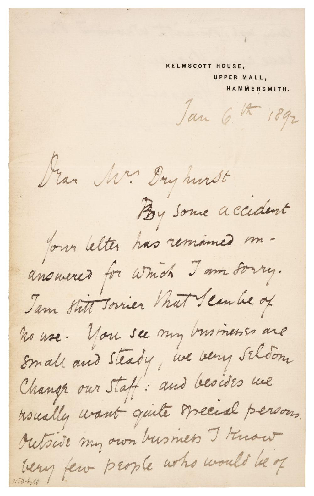 Morris (William, 1834-1896), Autograph Letter Signed, 'Wm Morris', 1892