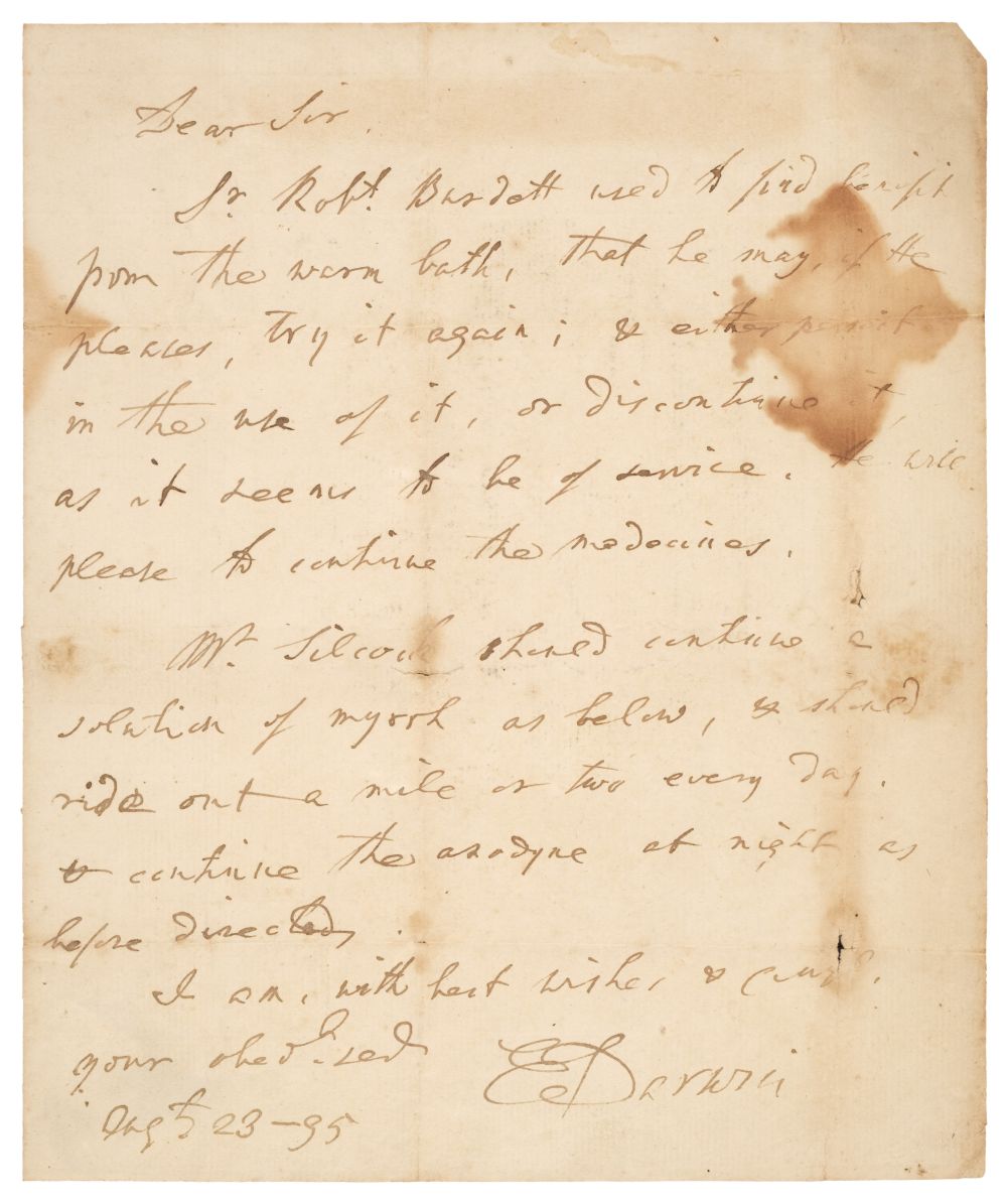 Darwin (Erasmus, 1731-1802), Autograph Letter Signed, 'E. Darwin', 23 August 1795