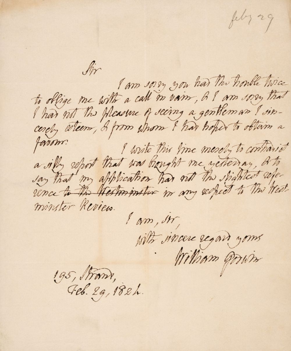 Godwin (William, 1756-1836), Autograph Letter Signed, ‘William Godwin’, 29 February 1824