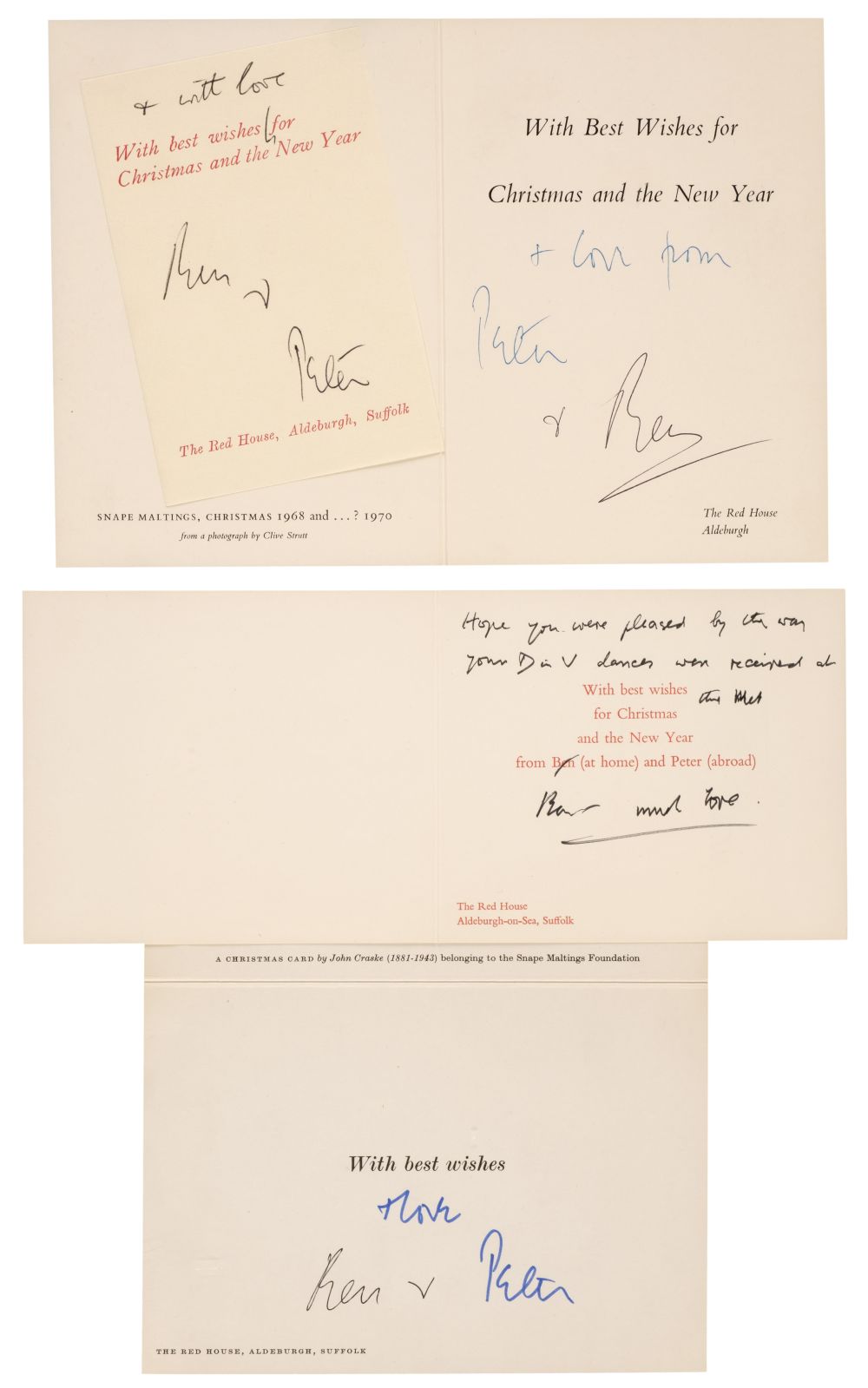 Britten (Benjamin, 1913-1976) and Pears (Peter, 1910-1986) Three signed Christmas cards