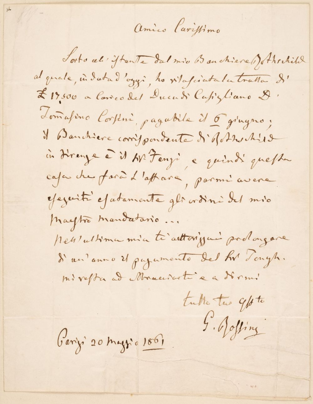 Rossini (Gioachino Antonio, 1792-1868). Autograph Letter Signed, 'G. Rossini', Paris, 20 May 1861