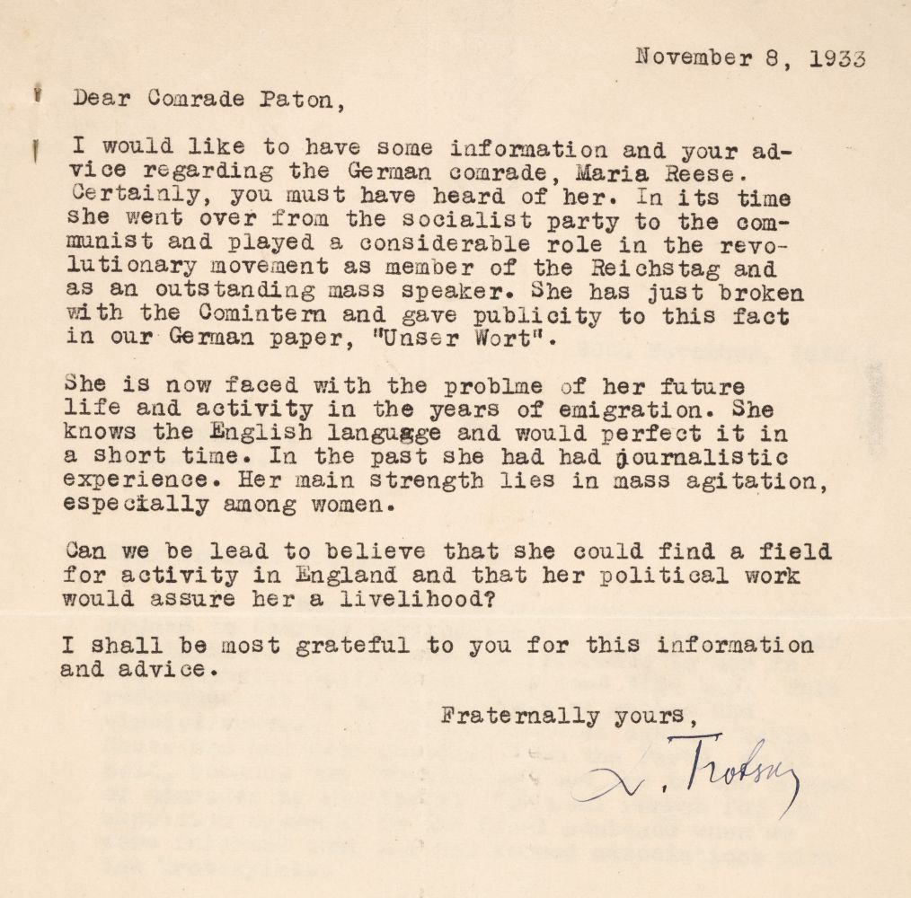 Trotsky (Leon, 1879-1940), Typed Letter Signed, ‘L. Trotsky’, 8 November 1933