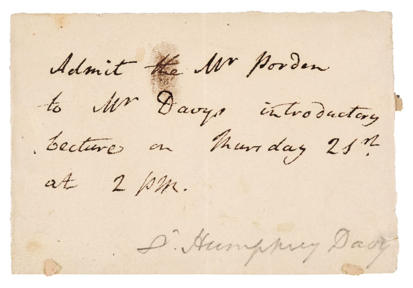 Davy (Humphry, 1778-1829), Autograph Ticket Signed in the third person, no date, c. 1800